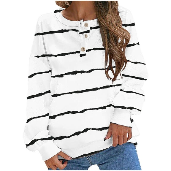 Diufon Womens Sweatshirts Stripe Printed Pullover Tops Round Neck Button Long Sleeve Blouses