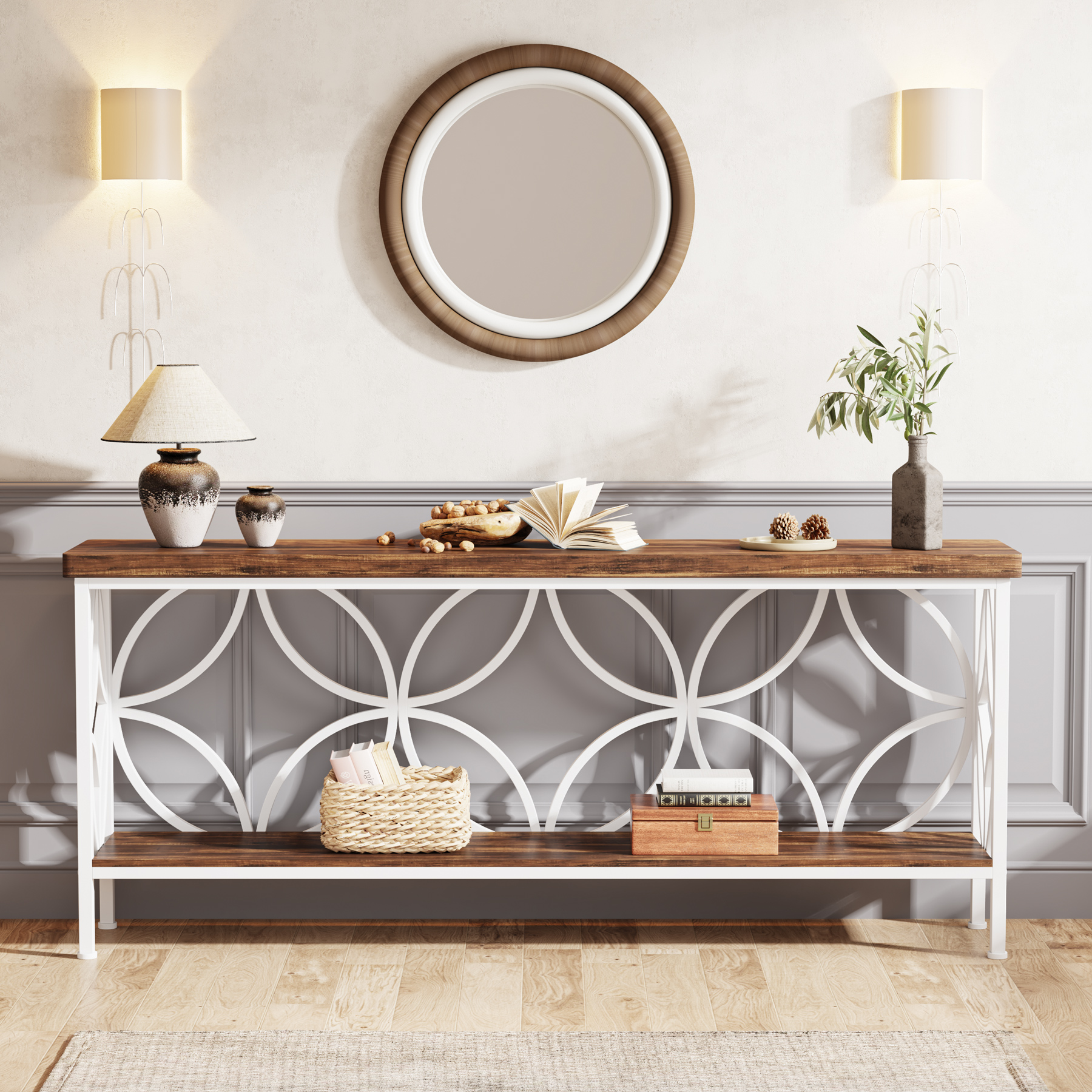 Tribesigns 70.9-Inch Narrow Sofa Table, Industrial Long Sofa Table Behind Couch, Entry Console Table with Storage for Entryway, Living Room, Foyer, Unique Design, Rustic Brown & White