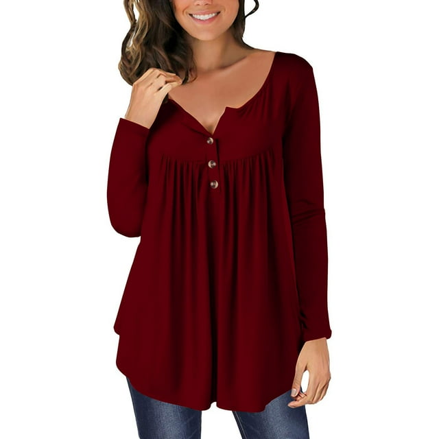 Timegard Tops for Women Long Sleeve Notched V-Neck Button Ruched Comfy Long Blouse Casual Tunic Tops