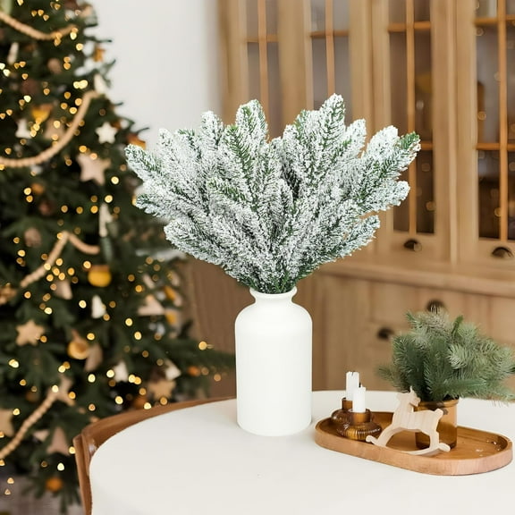 ICQOVD 24Pcs Christmas Snow Pine Branches, Artificial Flocked Spray Winter Snowy Pine , for Christmas Tree Filler Branches DIY Crafts Home Holiday Decor