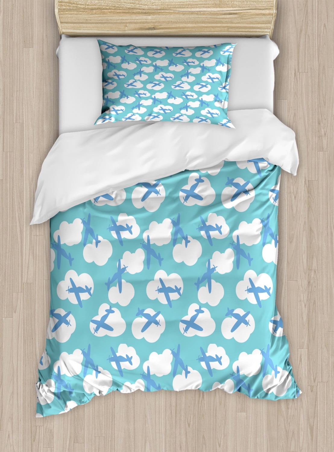Nursery Airplane Twin Size Duvet Cover Set, Baby Boy Playroom Pattern