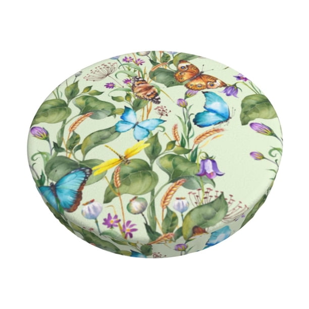 Balery Meadow Plants And Butterflies Fundas de asiento para taburete de bar redondo de tela de terciopelo ajustables que protegen de arañazos y manchas para sillas de 14 a 17 pulgadas.-14 inch