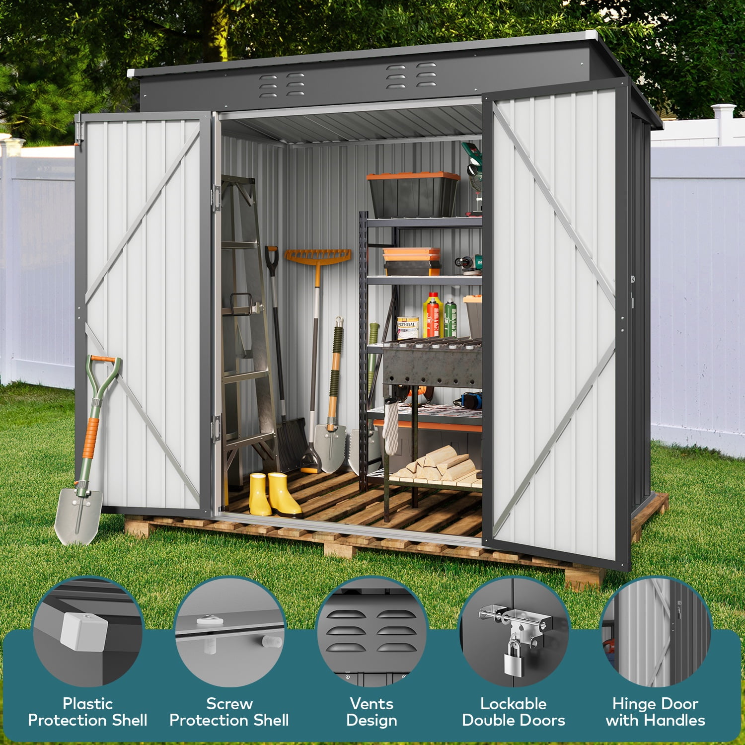 6x4FT Outdoor Storage Shed,Lofka Metal Garden Shed with Lockable Doors for Backyard,Patio,Gray