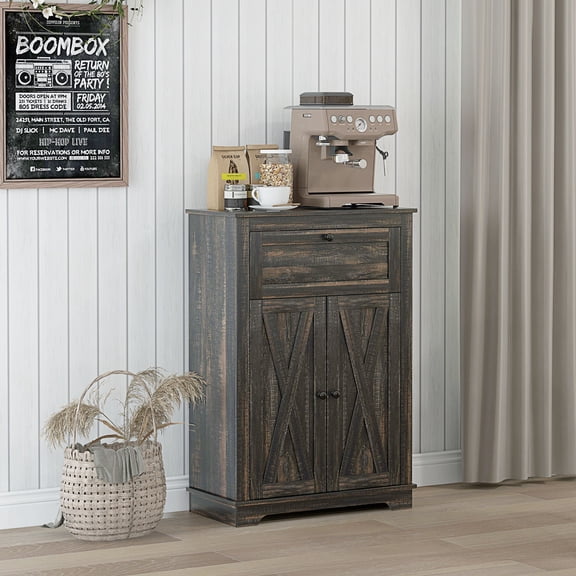 HOMCOM Farmhouse Storage Cabinet, Sideboard with Double Doors, Drawer, and Adjustable Shelf for Kitchen, Living Room, Dark Brown
