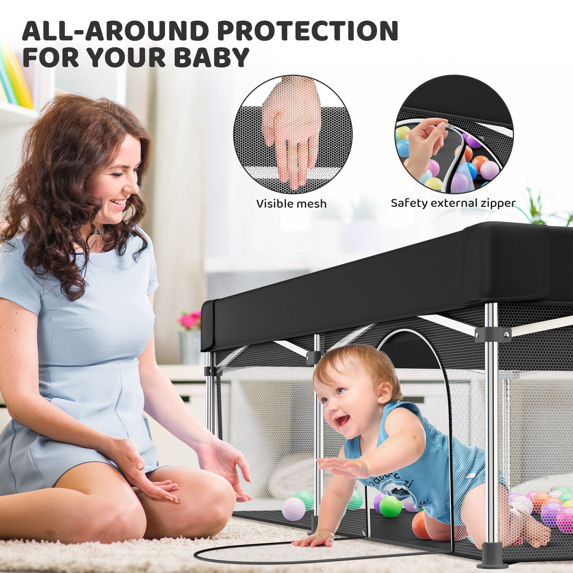 babyeap Foldable Baby Playpen,Playpens for Babies and Toddlers with Storage Bag,Indoor & Outdoor Baby Fence Play Pen Area,Black