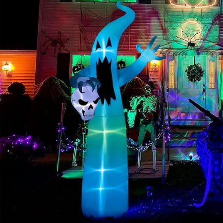 12 FT Halloween Inflatables Ghost Hold Skull with Color Changing RGB ...