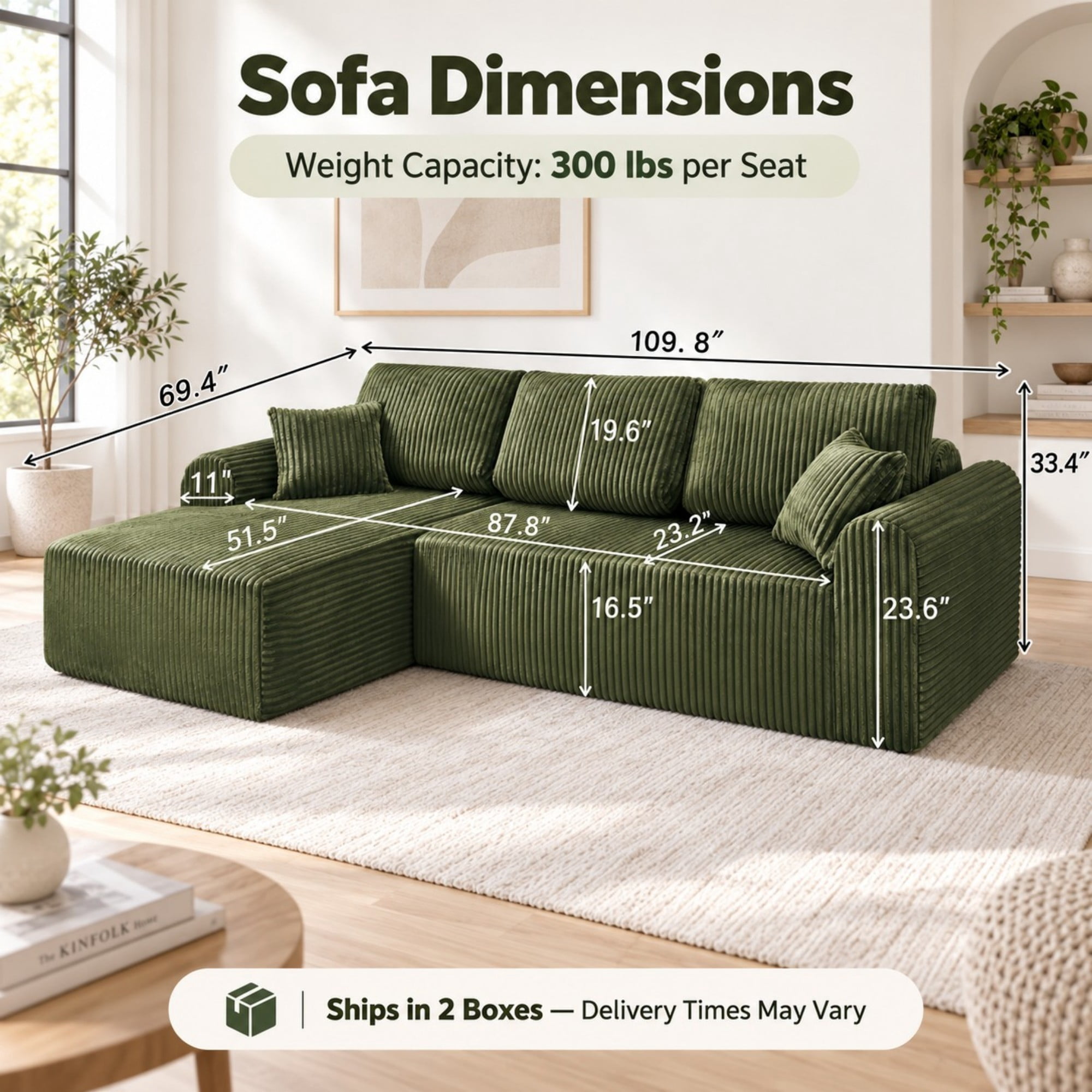 DEALTOPS 109" Corduroy L-Shape Floor Cloud Couch, Deep Seat Modular Sectional Sofa, Left Chaise, Green