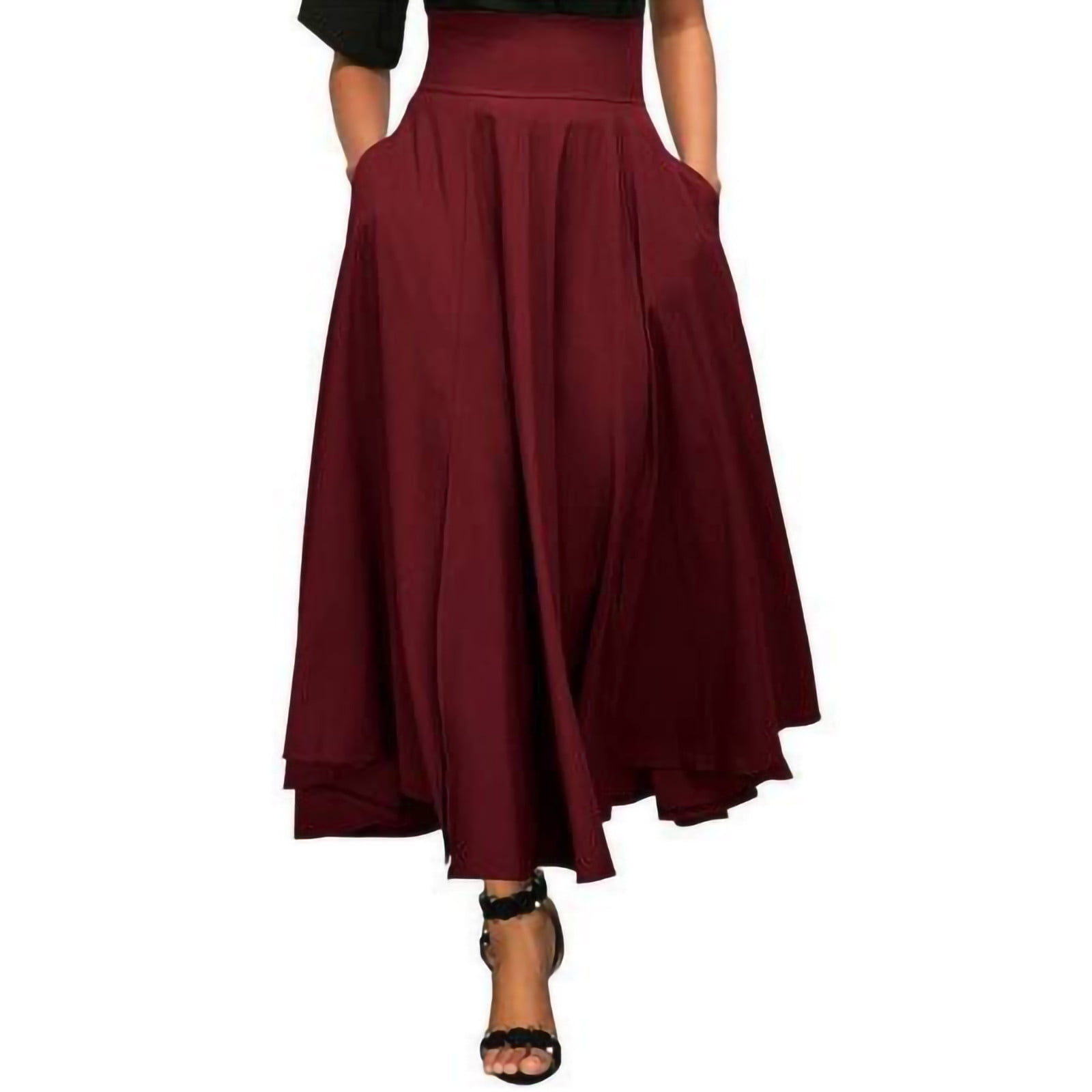 B91xZ Knee Length Skirts for Women Casual Knee Length A Line Stretch Midi Skirt Red M