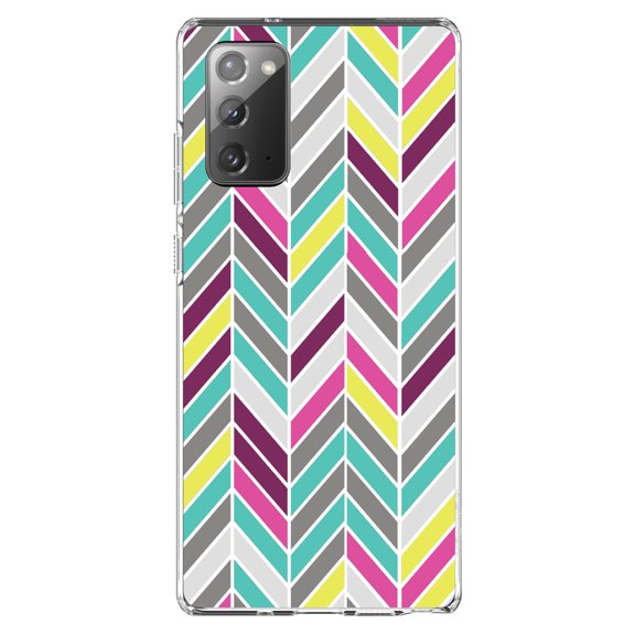 DistinctInk Clear Shockproof Hybrid Case for Samsung Galaxy Note 20 (6.7" Screen) - TPU Bumper, Acrylic Back, Tempered Glass Screen Protector - Pink Purple Teal Herringbone