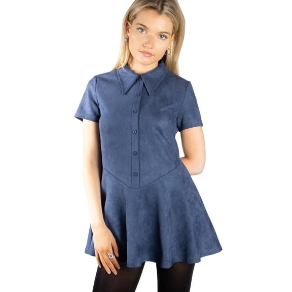 DARING DIVA Women's Stylish Pointed Collar Short Sleeve Button Down Dress XS Dark Blue