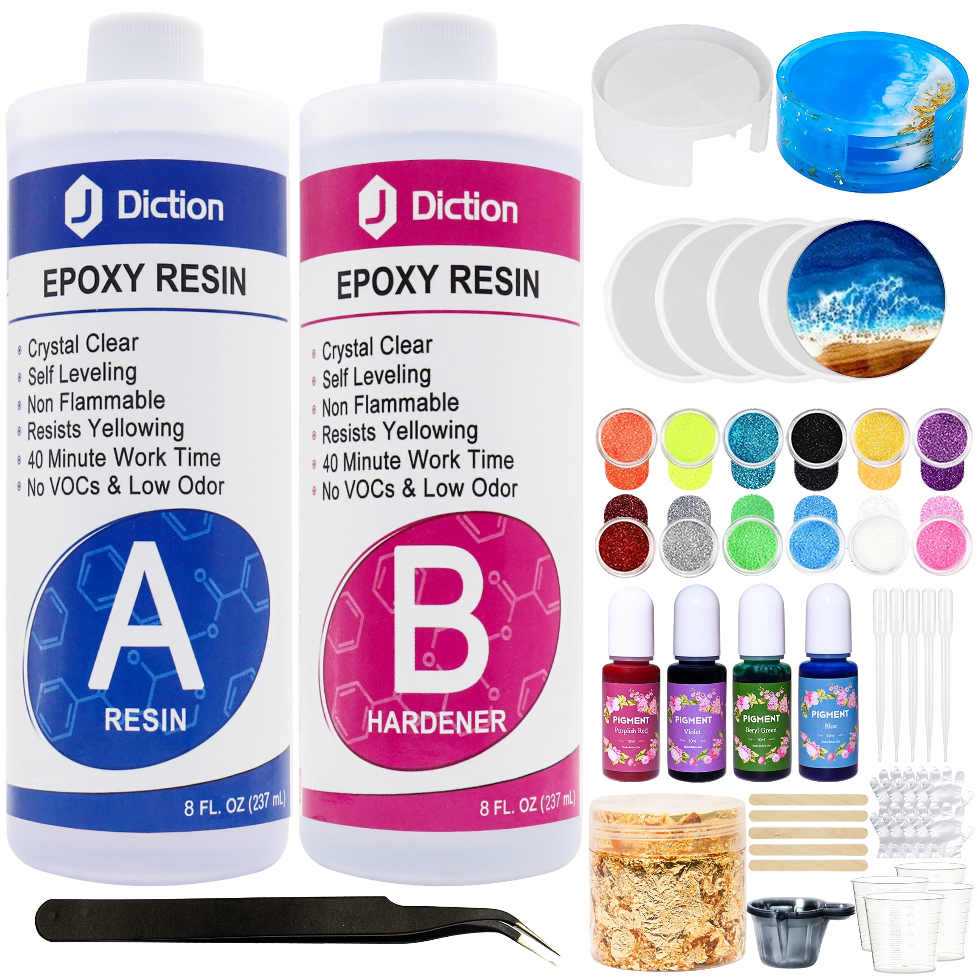 JDiction Epoxy Resin 16oz Resin Kit with Resin Coaster Molds and Holder,  Resin Pigment, Guiltter, Gold Flakes 