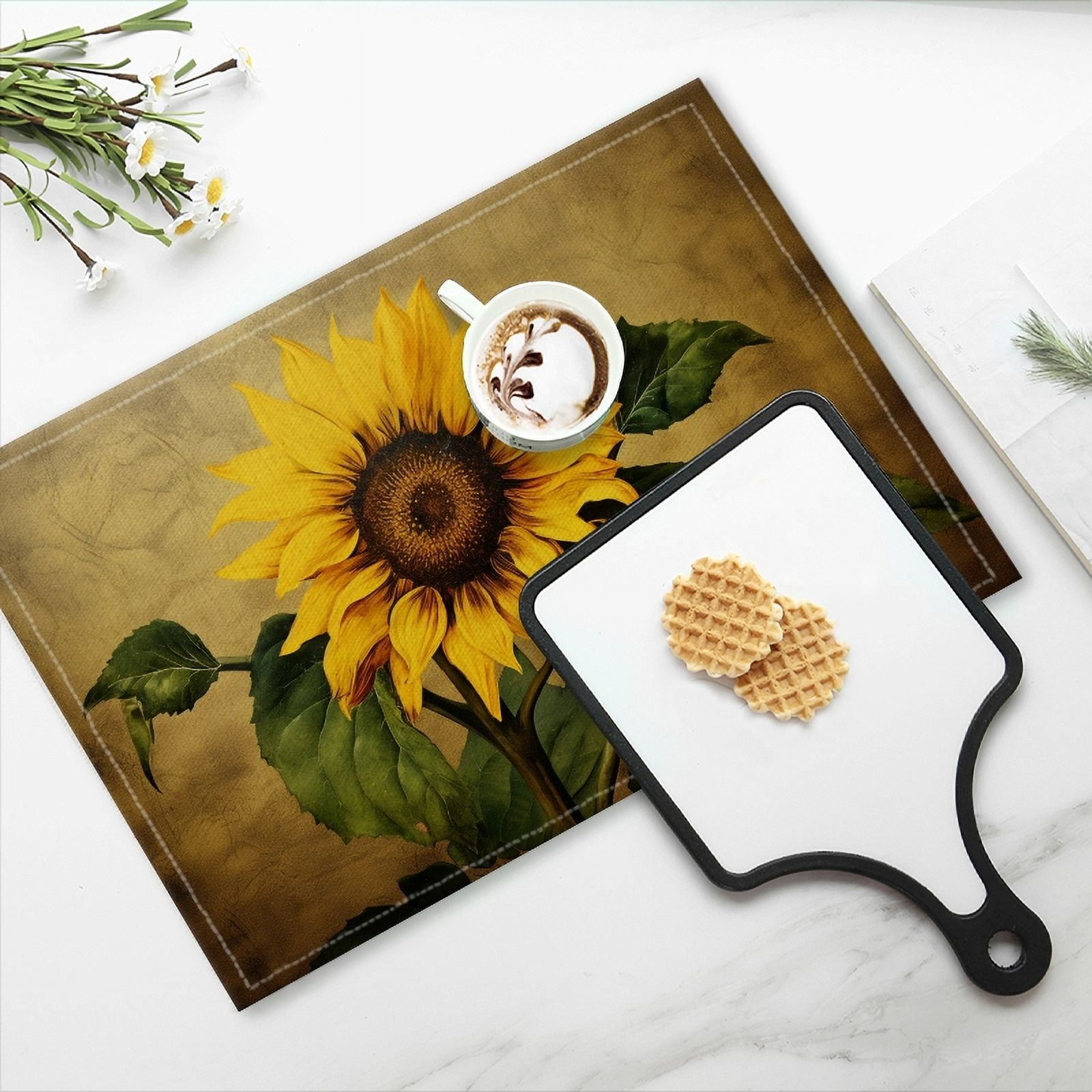 Bahomeck Placemats Set Of 4 Rectangle Linen Cotton Placemats For Dining Table Fade Resistance Washable Heat Resistant，18*12Inch,Beautiful Sunflower With Leaves On Antique Background