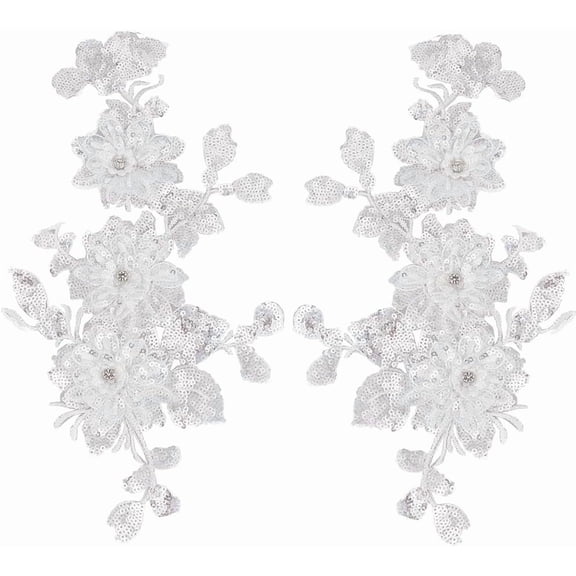 2Pcs 2 Styles 3D Floral Embroidery Applique White Mirror Sequin Lace Appliques Vintage Floral Rhinestone Beaded Sew on Patches for Sewing Making Clothes Wedding Bridal Crafts Dresses Supply
