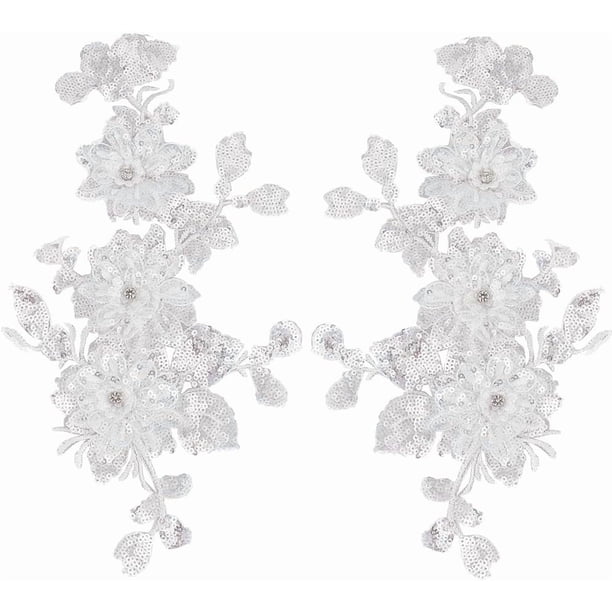 2 piezas de 2 estilos de apliques de bordado floral 3D con espejo blanco, apliques de encaje con lentejuelas, parches vintage florales con cuentas de diamantes de imitación para coser