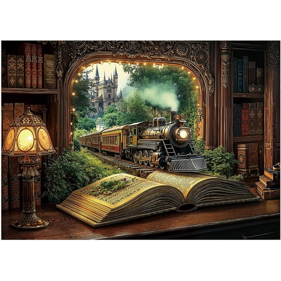 Train Forest Book Magic Vintage Plant 1000 Piece Jigsaw Puzzle for Adults, Castle Fantasy Bookshelf Nature Tree Puzzle for Relaxation and Home Decor