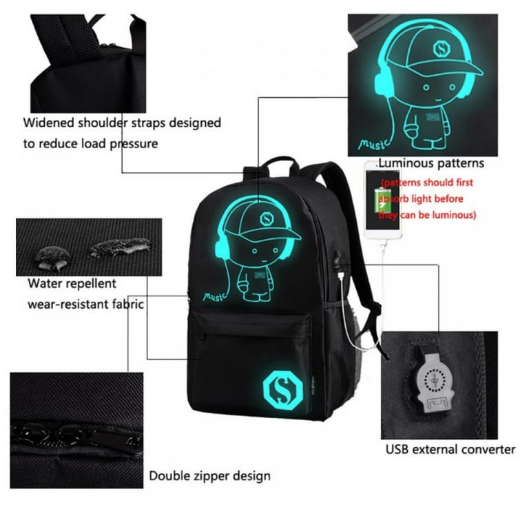 Cartoon Luminous Backpack with USB Charging Port and Anti theft Lock Pencil Case Unisex Fashion College School Bookbag Daypack Travel Laptop