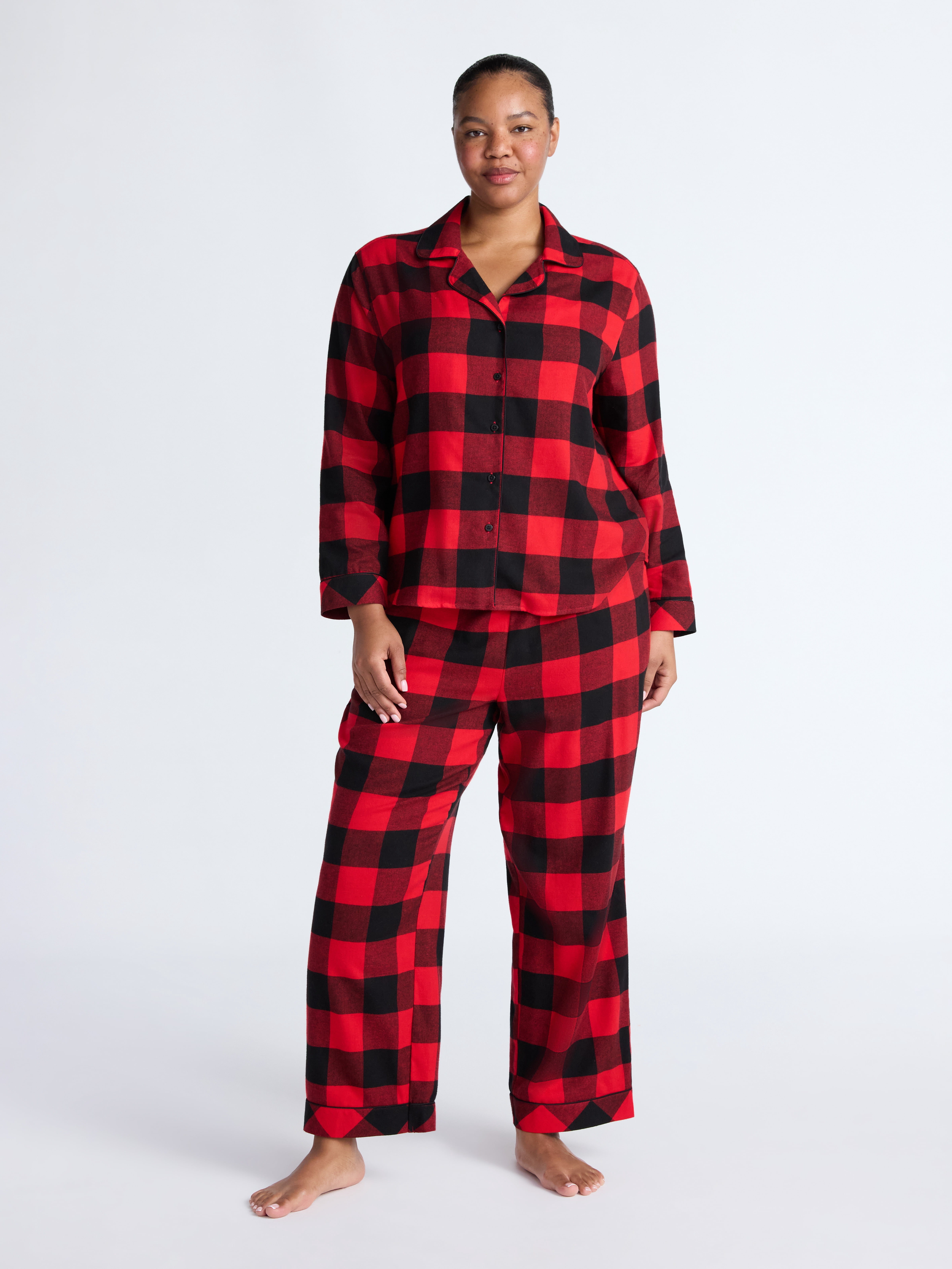 Joyspun Women's Long Sleeve Flannel Sleep Top and Pants Pajama Set, 2-Piece, Sizes XS-3X
