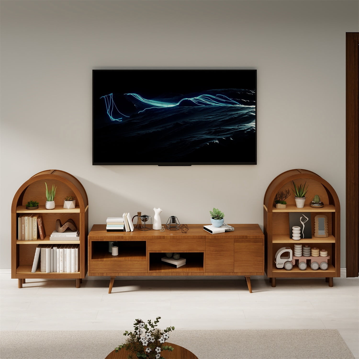 Hommoo 3-Tier Shelves Arched Bookcase Storage Cabinet,Wooden Modern 37.4"H Arched Top Bookshelf for Living Room, Bedroom, Entryway, Walnut