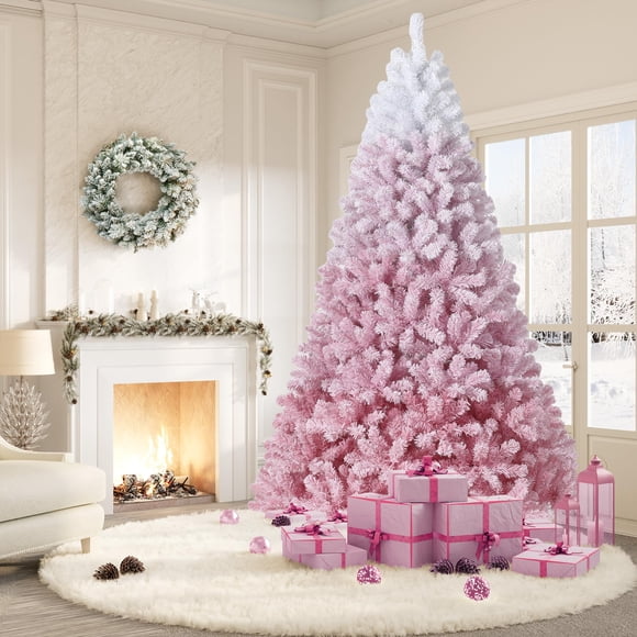 Árbol de Navidad Artificial Preiluminado con Nieve y Luces RGB/Blanco Cálido – Base Metálica Plegable – Decoración Navideña para Hogar, Oficina o celebración – Color Rosa – Tamaño: 9 pies