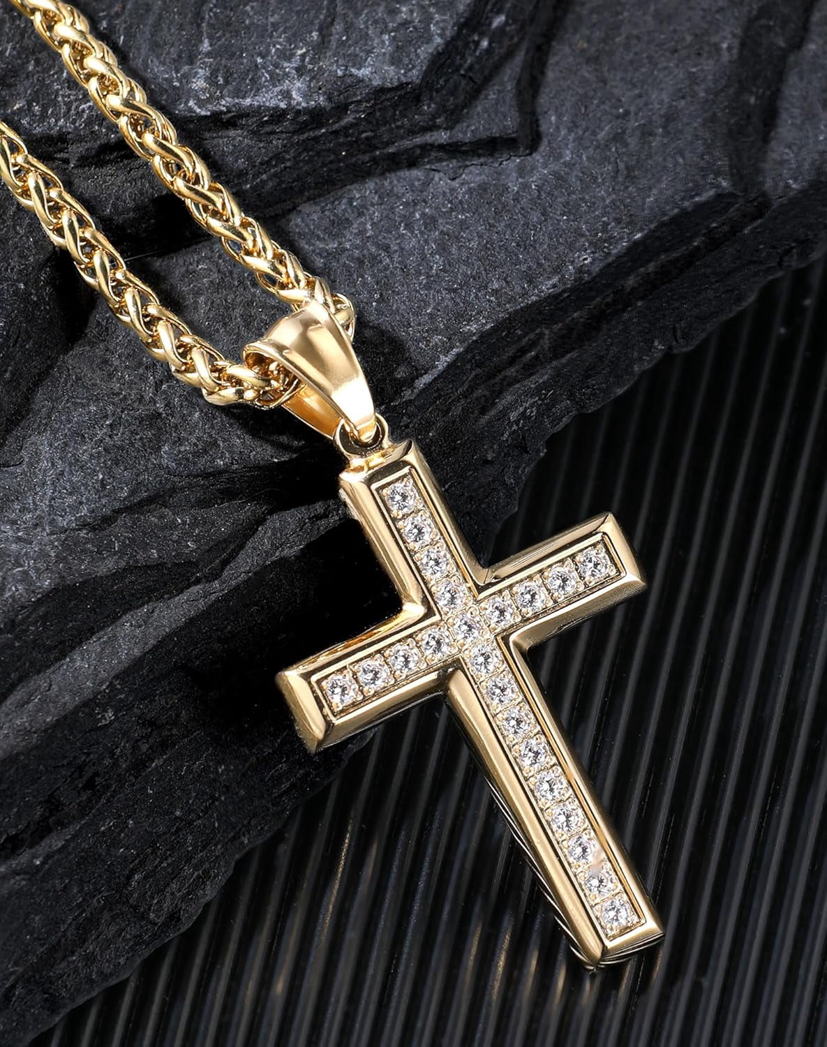 Leander Stainless Steel CZ Cross Necklace Men Women - 18K Gold Plated 5A+ Cubic Zirconia Crucifix Pendant - Christian Religious 3mm Rolo Chain Jewelry Present