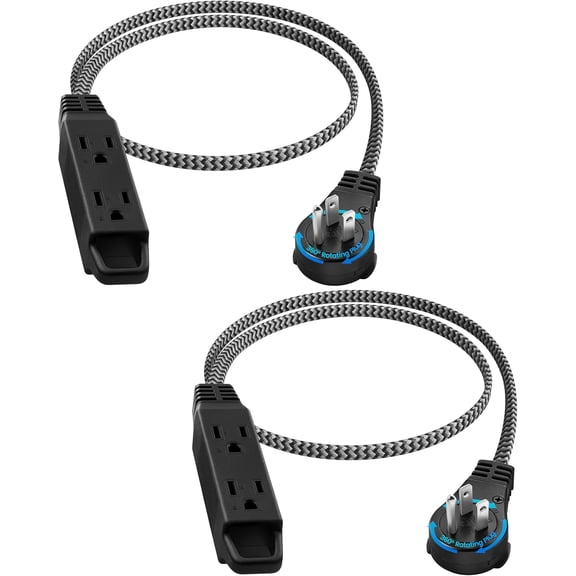 2 Flat Extension Cord 3FT, 360? Rotating Plug, Braided Flat Plug with 3 Outlets, 16 AWG Thin Black Extension Cord for Indoor Use, , Office, Compact Spaces, ETL Listed