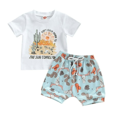 

AIMAOMI Toddler Boys Short Sleeve Clothing Children Kids Cow Cactus Cartoon Prints Tops Shorts Outfits White H