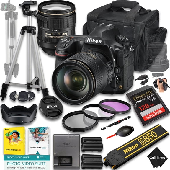 Nikon D850 DSLR Camera with AF-S NIKKOR 24-120mm f/4G ED VR Lens   128 GB Memory   Extra Battery   Camera Case   Tripod   More (23pc Bundle)