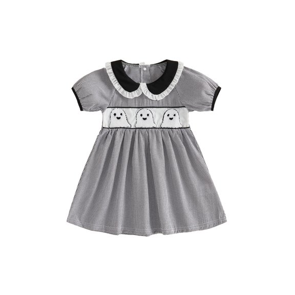 RUINIXCW Kids Toddler Baby Girl Halloween Dress Outfit Baby Little Girl Summer Fall Dress Ghost Embroidery Peter Pan Collar Short Sleeve Striped Dress