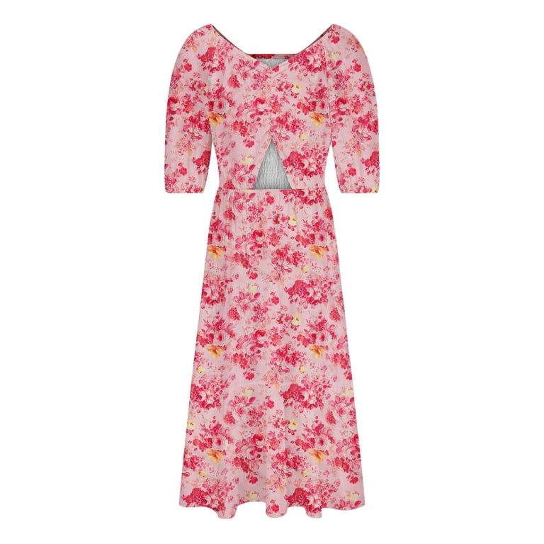 Women's Floral Print Maxi Dress - Puff Short Sleeve, Square Neck, Tiered Smocked Summer Dress