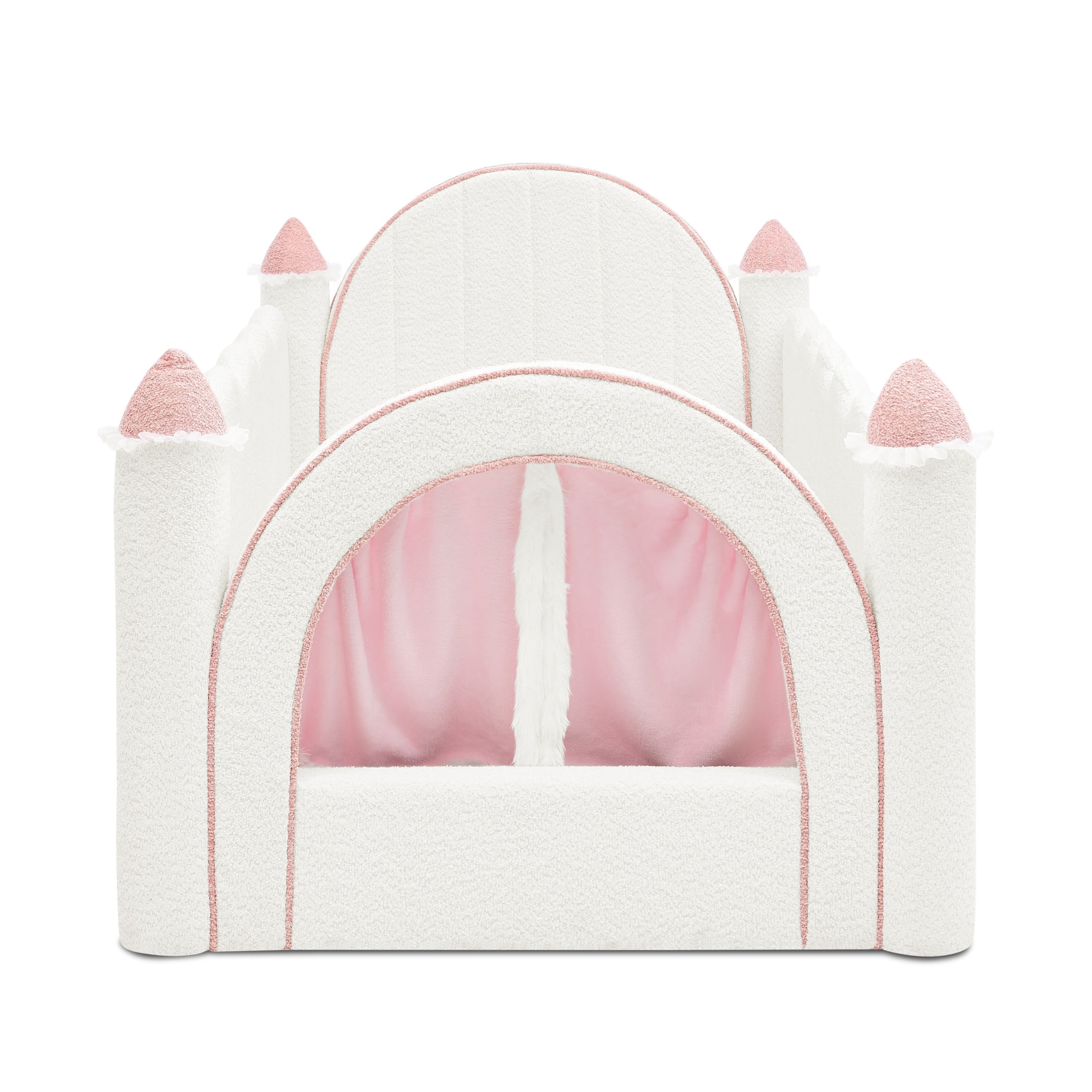 GDF Studio Solley Twin Size Castle Bed with Safety Guardrails, Curtain & Wood Frame, Boucle Upholstered Bed, White