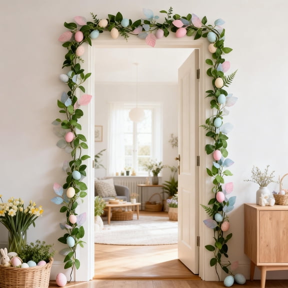 6 FT Easter Eggs Garland, Artificial Spring Floral Vine Faux Greenery Leaves Garland for Mantle, Fence, Stairway, Wedding Arch, Hanging Basket