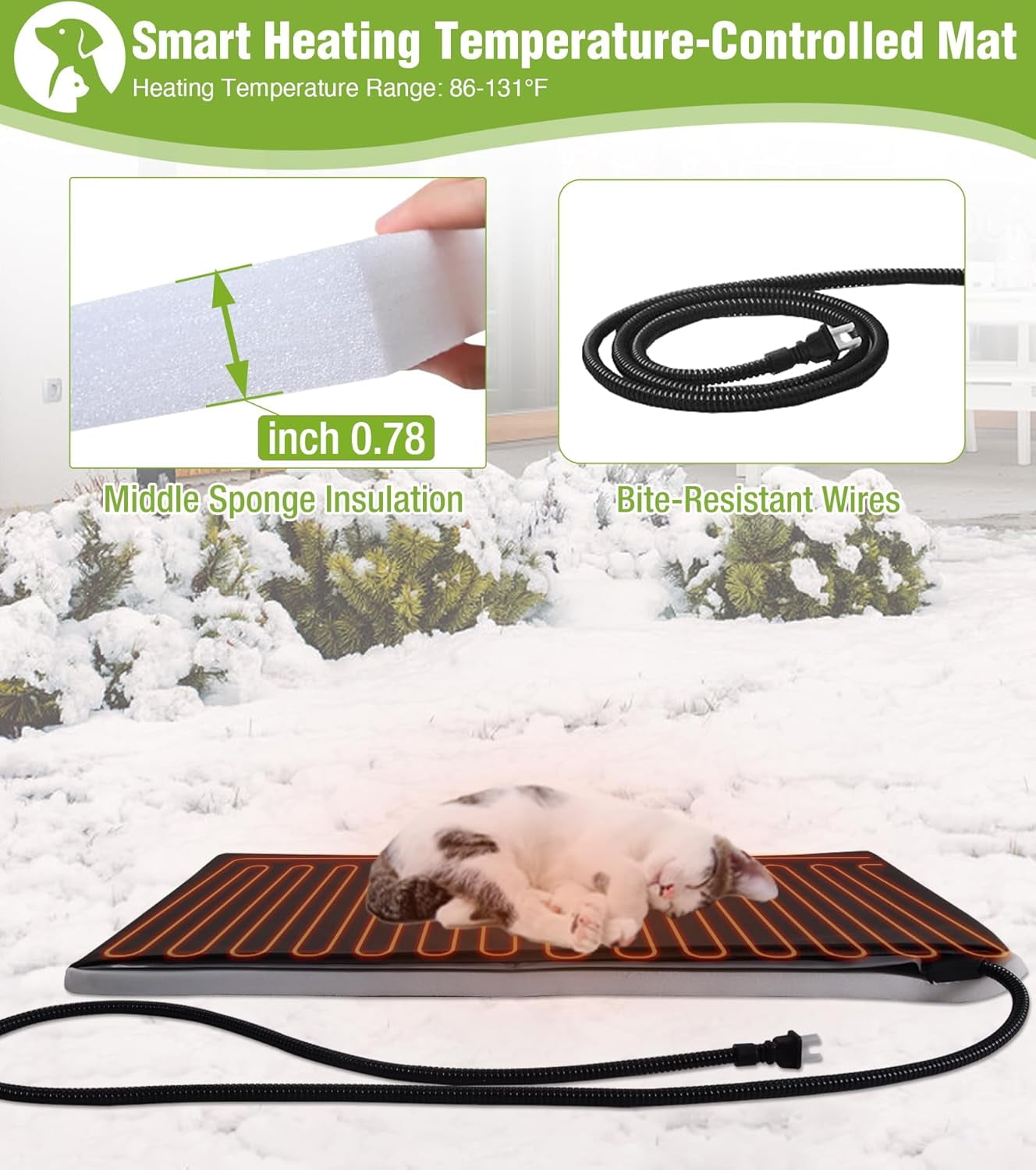 MEDEHOO Heated Cat House for Outside, Insulated Cat House Outdoor Weatherproof with Bite-Resistant Wires, Electric Heating Mat, 2 Access Doors & Openable Roof