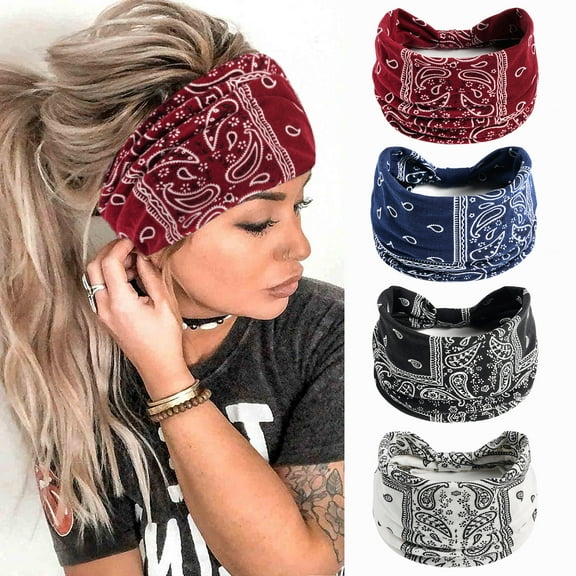 4 Packs Thick Boho Stylish Floral Turban Wide Headbands for Women - Non Slip Hairbands for Hair, Sport, Workout, Yoga, Hair Accessories