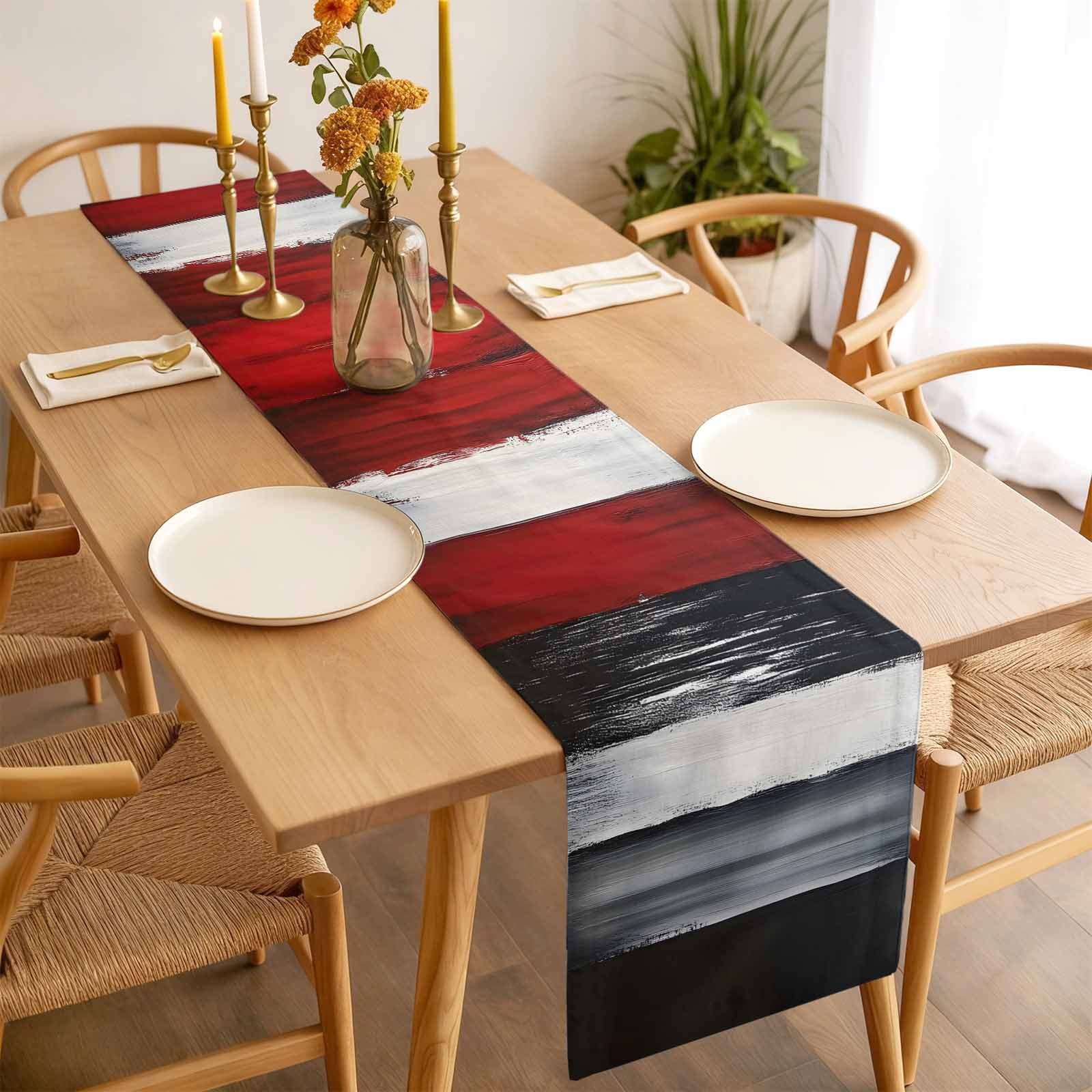 Black And Red Strip Table Runner 13x90 inch Classic Modern Art Cotton Linen Dining Table Runner Ideal for Dresser Kitchen Coffee Tables - Machine Washable