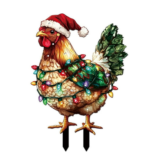 Light Up Chicken with Hat, Outdoor Lawn Ornaments, Chicken Yard Sign with Stakes, Metal Chicken Ornaments with LED Lights, Holiday Yard Signs for Patio Tree Seasonal Festival Decoration Props