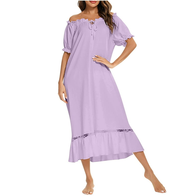 Fartey Sleepwear for Women Loose Flowy Long Nightgowns Puff Short Sleeve  Sleepshirt Night Gown Comfy Casual Pajama Dress Purple 2XL