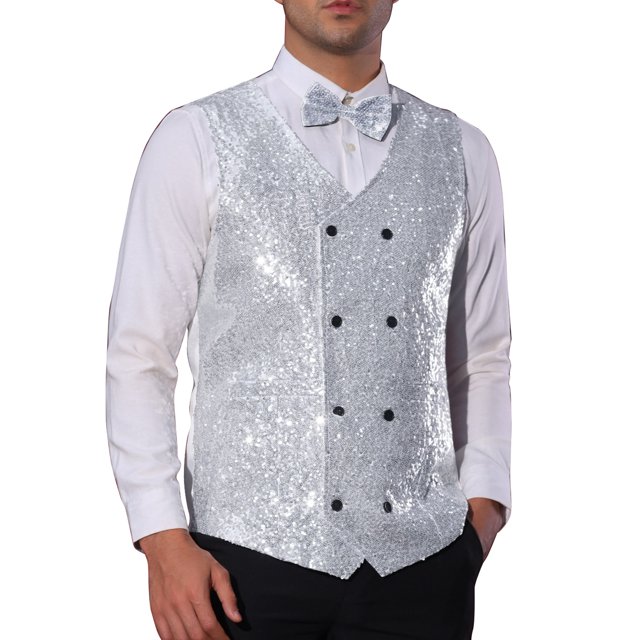 INSPIRE CHIC Chaleco de Hombre V-Neck Slim Fit Doble Botón Fiesta Disco Prom Nocheclub Chaleco de Lentejuelas 2XL Plata