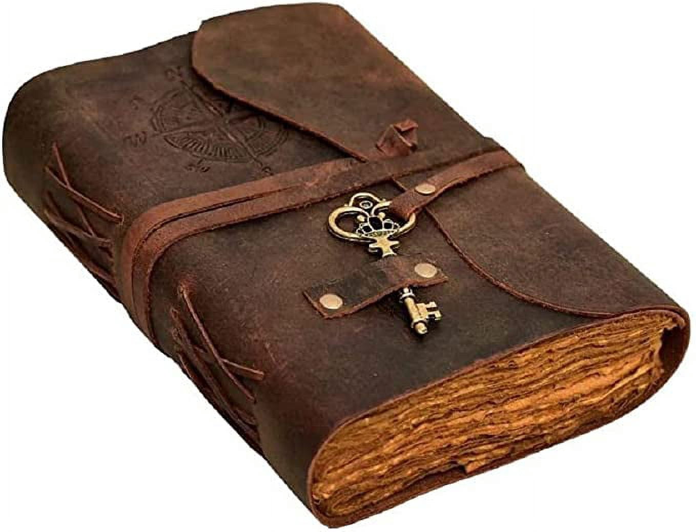 RUZIOON Antique Handmade Compass Vintage Leather Journal - Bound Journal With Deckle Edge Paper Diary - Leather Sketchbook - Drawing Journal Notebook - Great Gift Men And Women (6X8 Inch)