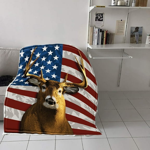 Luxcidy American Whitetail Deer Fleece Blanket for Bed, 70x100CM Deer Fleece Throw Blanket for Men, Women & Kids - American Flag Gifts Deer Blanket Throw Plush Blanket Super Soft Throw Blanket