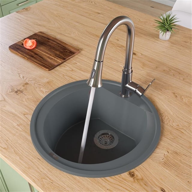 Pemberly Row Titanium 20" Drop-In Round Granite Composite Kitchen Prep Sink