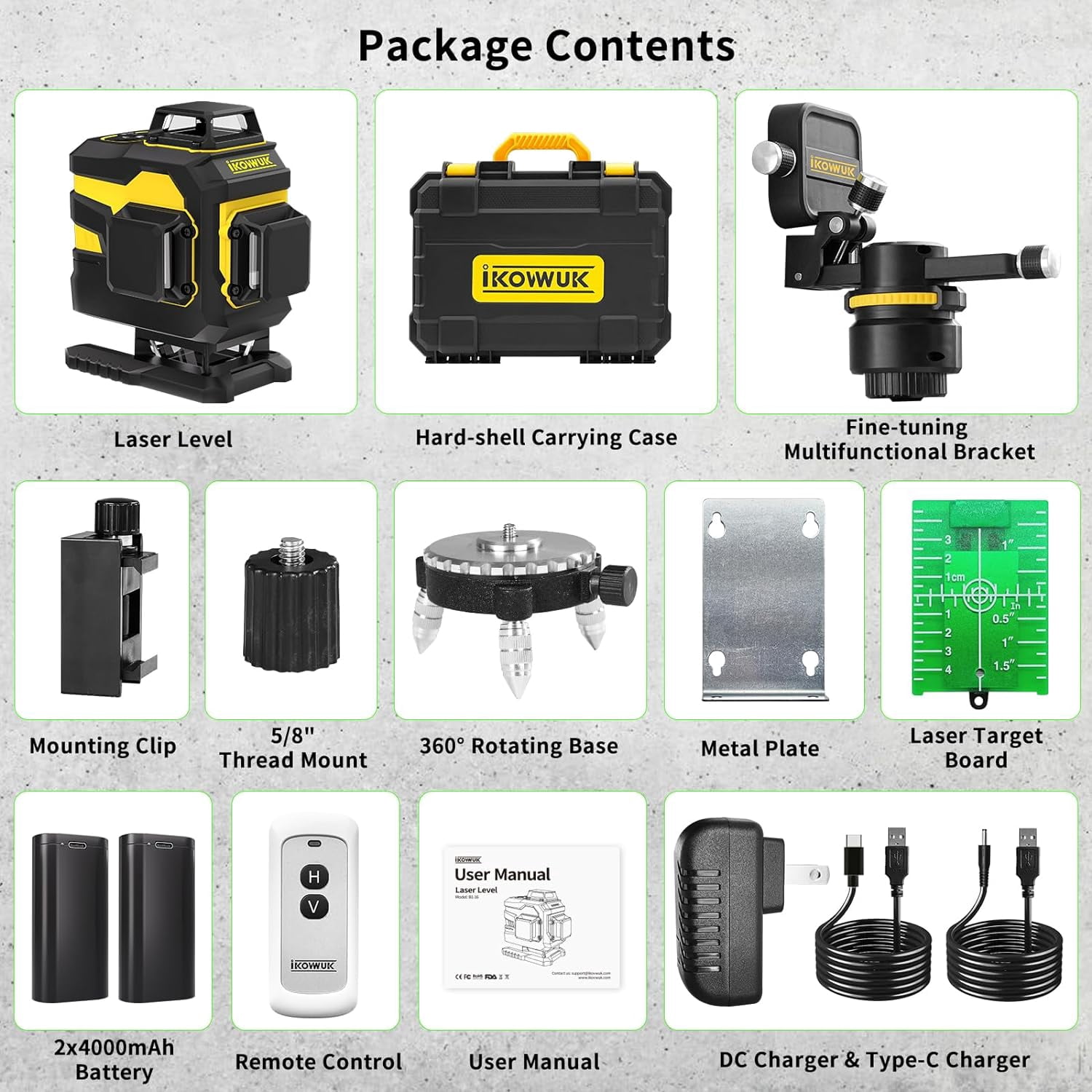 IKOVWUK 4x360° Laser Level Pro Kit, Self-leveling Tool for Construction, Tiling Floor & Picture Hanging, 4D Cross Line Laser Level with Fine-tuning Bracket, 16 Lines Laser level with 2*4.0Ah Battery