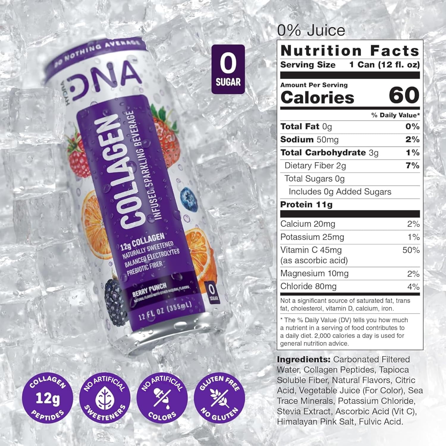 HYDRADNA Berry Punch Collagen Protein Sparkling Water, Sugar-Free, Keto-Friendly, Gluten-Free, 12 Pack, 12 fl oz