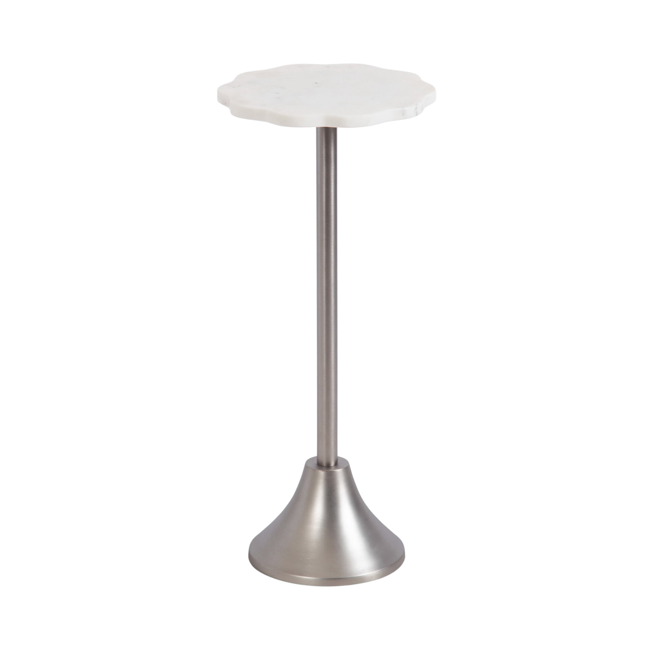 Kate and Laurel Sanzo Modern Pedestal Drink Table, 10 x 10 x 23, White Marble and Silver, Decorative End Table with Scalloped Marble Tabletop for Use as Small Plant Stand or Cute Martini Table