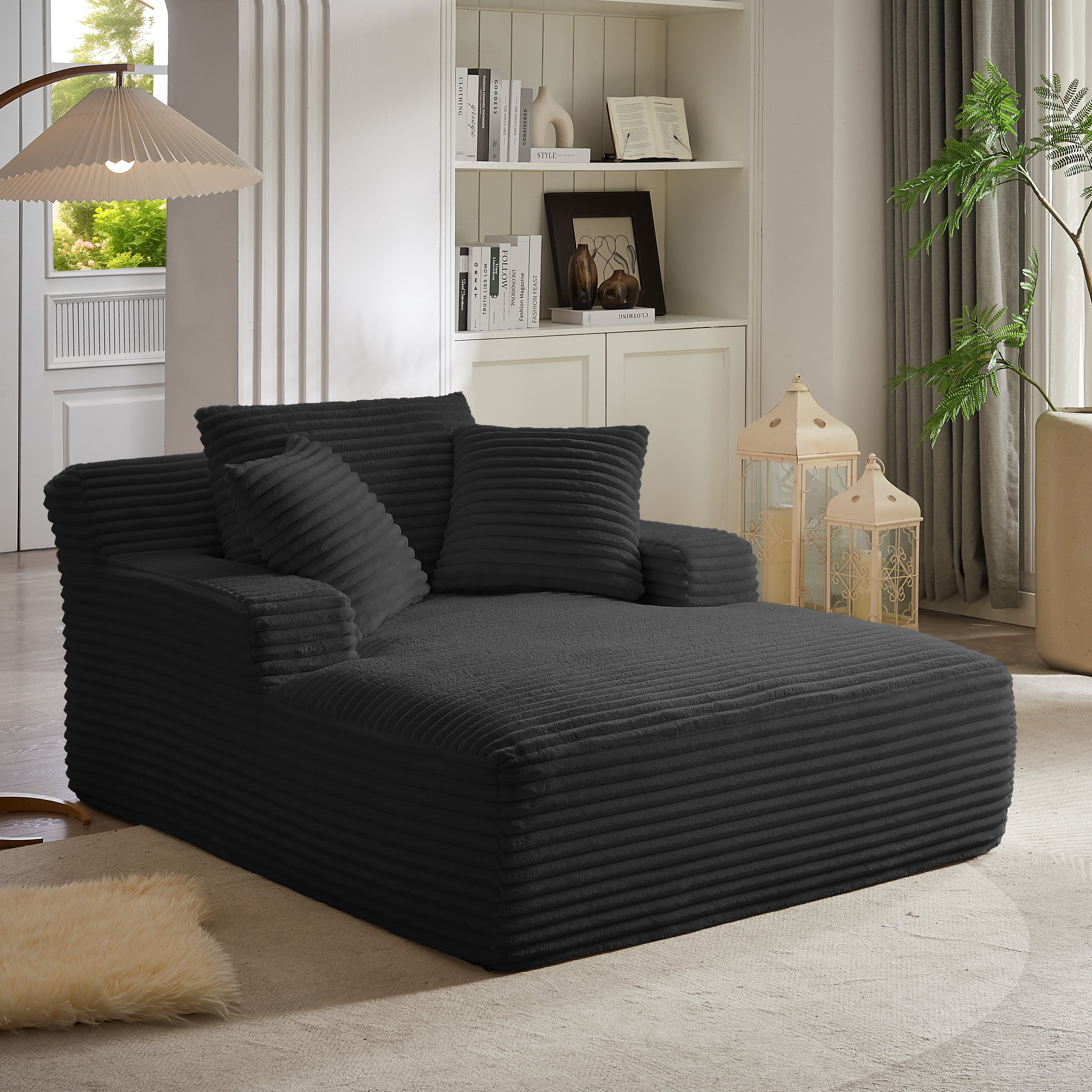 MAYEERTY Oversized Corduroy Chaise Lounge Sofa, Modern Couch with Spring Cushion for Living Room, 49*66*28"Black