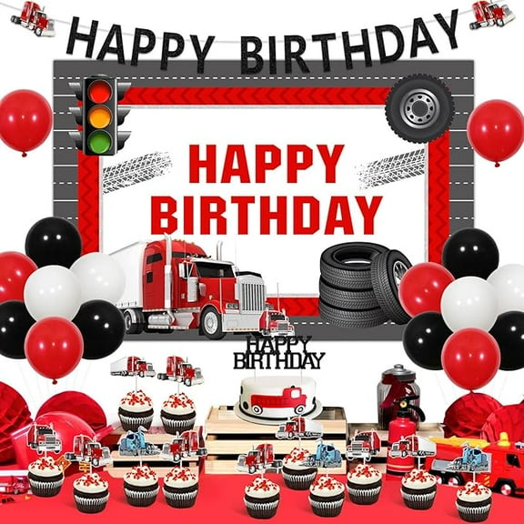 Heavy Truck Birthday Party Decorations Semi Truck Happy Birthday Backdrop Duty Track Banner Construction Birthday Party Decorations with Track Cake Decor for Transportation Vehicle Birthday