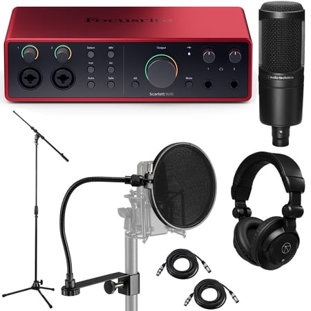 Focusrite Scarlett 16i16 4th Gen USB Audio Interface with Software Suite Bundle with AT2020 Condenser Microphone Pop Filter Tripod Microphone Stand TAPH100 Headphones 2x 25 XLR Male to Female