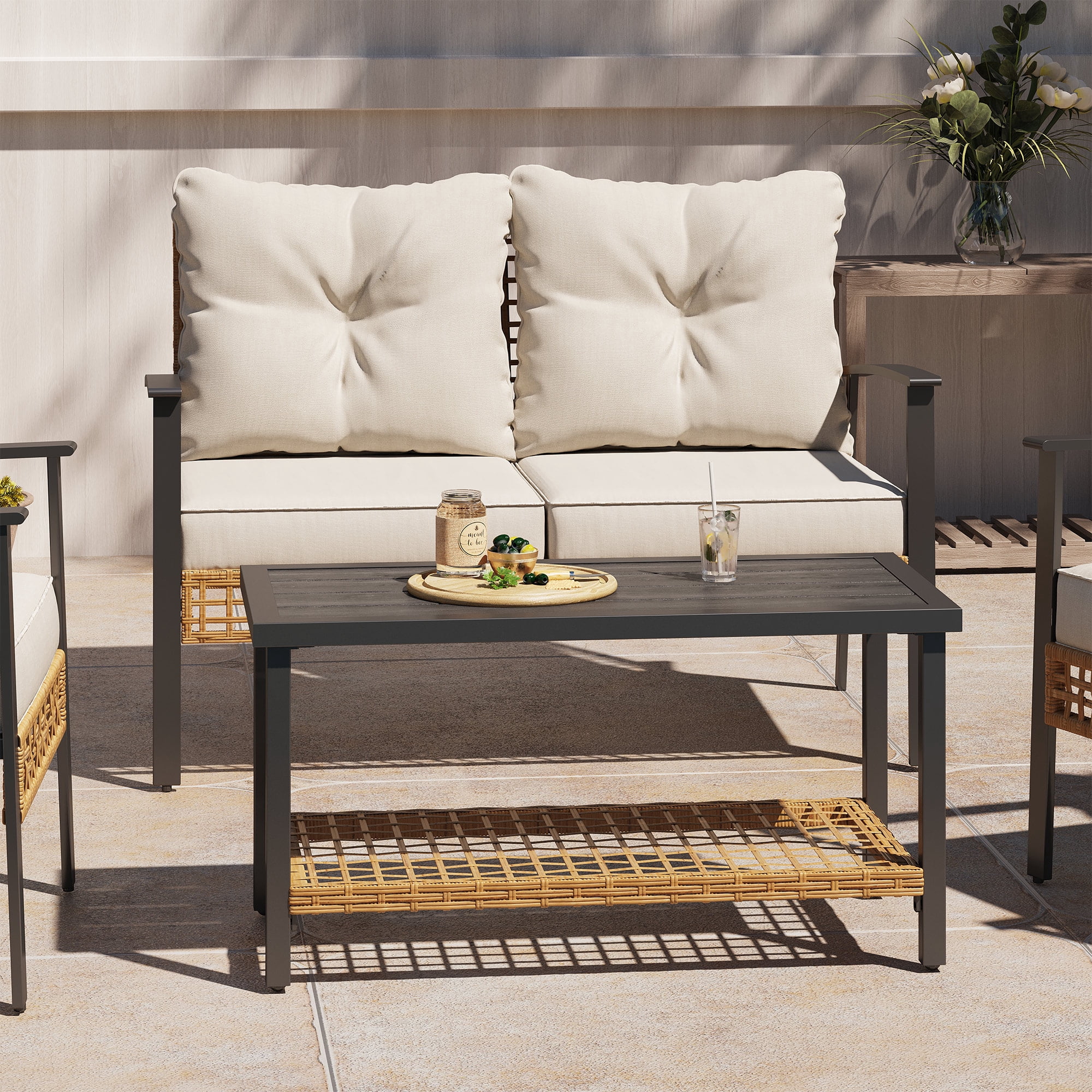 LAUSAINT HOME 2 Pieces Patio Conversation Set, 1 Loveseat and 1 Coffee Table with Beige Cushions