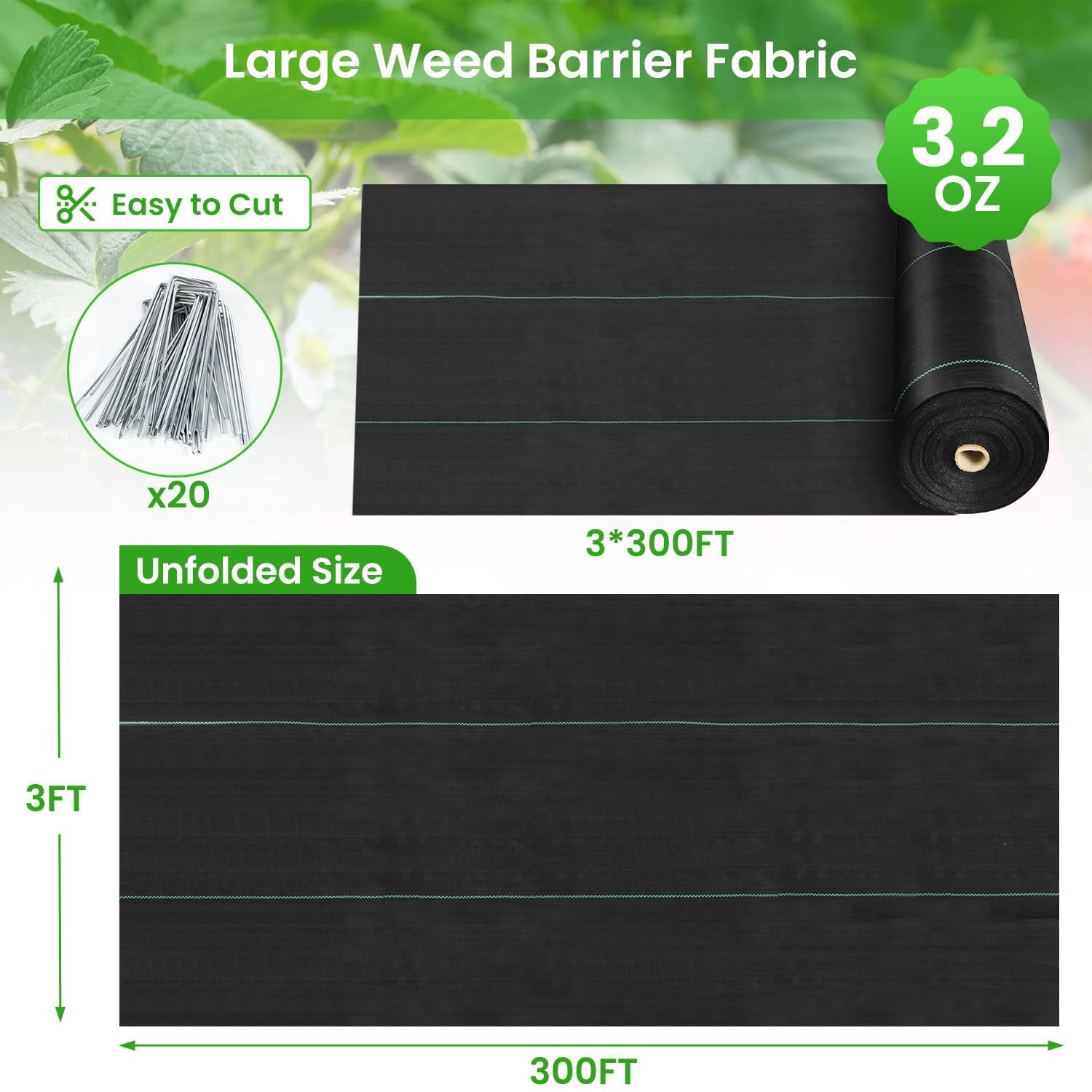 Weed Barrier Fabric  3x300ft Landscape 3.2oz Heavy Duty Durable Woven Geotextile High Permeability Ground Cover Mat Driveway Garden Control Cloth With 20 U-securing Pegs