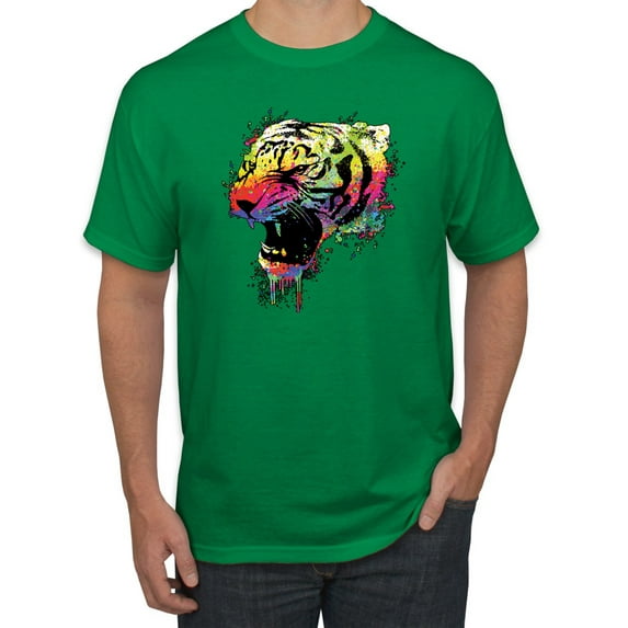 Wild Bobby, Technicolor Colorful Tiger Roaring, Animal Lover, Men Graphic Tees, Kelly, X-Large