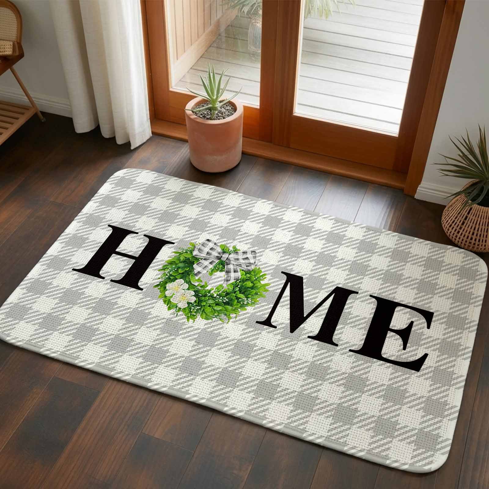 Doormat Eucalyptus Leaf Bow Tie Wreath Front Door Mat Entrance Soft Non Slip Absorbent Doormats Grey Plaid Home Floor Mat Rugs for Entryway Porch Bathroom Bedroom Kitchen Indoor Outdoor 20"x32"